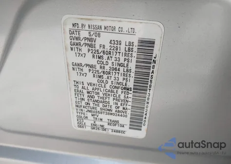 2008 Nissan Rogue Sl z USA, uszkodzony, nr VIN JN8AS58T38W024400